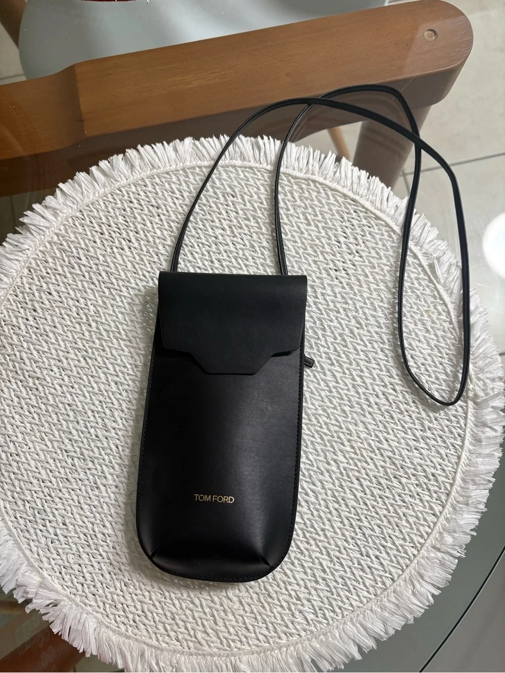 Tom Ford Black Leather Vertical Phone Case with Gold Logo Accent